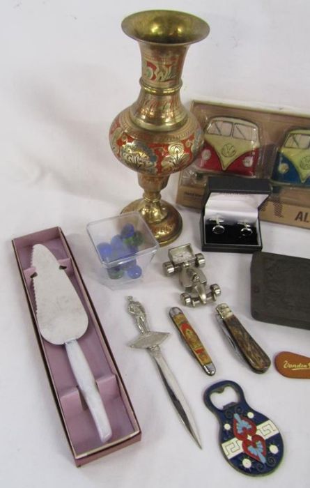 Mixed collection of items to include brass, car tins, cufflinks and Aristocrat silver-plate - Image 2 of 6
