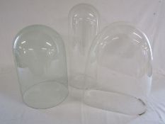 3 glass clock domes one with chip to base - 38cm x 25cm - 47.5cm x 18cm - 40cm x 32cm x 15cm