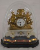 19th century French figural clock under a glass dome - approx. 44cm H (to top of dome)