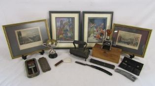 Collection of items to include Rolls Royce razor, iron and trivet, cut throat razor, wooden