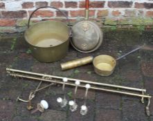 2 brass portiere rods, Victorian brass and ceramic hooks, brass jam pan etc.