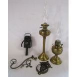 Collection of lighting - brass oil lamps, New Century carriage lamp etc