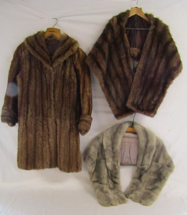 Fur coat and 2 fur stoles grey one with lined collar