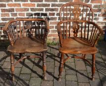 *Victorian yew wood Windsor chair with crinoline stretcher and another with the back cut down.  This