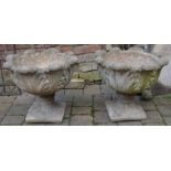 Pair of cast concrete planters on stands with acanthus leaf moulding Ht 44cm Dia 49cm