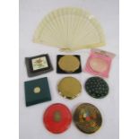 Ladies fan and 6 powder compacts includes Stratton, also a compact mirror and part used powder puff