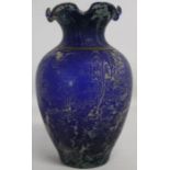 Small possibly 19th century blue glass vase with gilt decoration 13.5cm high