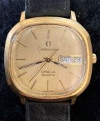 Omega Constellation gold plated quartz wristwatch with black strap serial numbers 963679 196.0062.