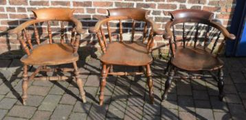 *3 Victorian smokers bow arm chairs 2 with double stretchers.  This lot is subject to VAT.