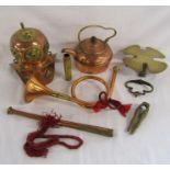 Collection of brass and copper includes fan trivet stand, small copper and brass divers helmet,