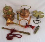 Collection of brass and copper includes fan trivet stand, small copper and brass divers helmet,