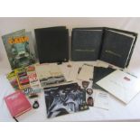 Collection of Rover MG car brochures, books and badges also includes leather folders also some