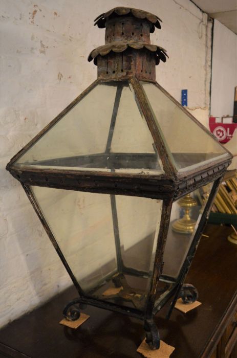 Large Victorian metal frame lamp with bevel glass (one pane cracked) Ht 94cm W 51cm - Image 2 of 2