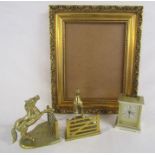 Brass horses jumping fences book ends, battery clock and gilded picture frame approx. 45.5cm x 38cm