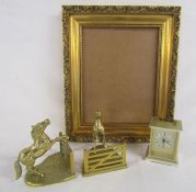 Brass horses jumping fences book ends, battery clock and gilded picture frame approx. 45.5cm x 38cm