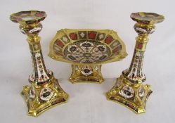 Royal Crown Derby 1128 Imari pattern footed bowl approx. 26.5cm dia. 13.5cm H and candlesticks (