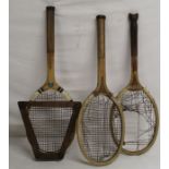 3 old tennis rackets - includes 1 early 20th century fish tail