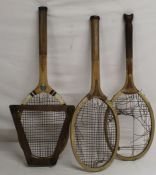 3 old tennis rackets - includes 1 early 20th century fish tail