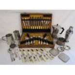 Collection of silver plate includes cocktail shaker, cutlery etc also metal tankards and wine