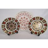 2 Royal Crown Derby 1128 Imari pattern plates approx. 22cm and Royal Crown Derby 'Rougemont' plate