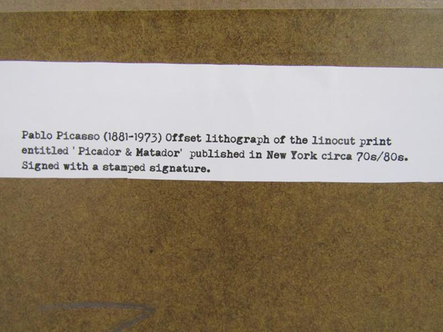 Framed Pablo Picasso offset lithograph of the linocut print 'Picador & Matador' approx. 46.5cm x - Image 4 of 4