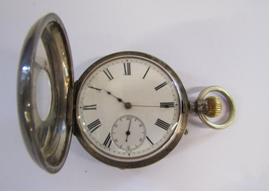 Leonard Hall Louth London silver cased half hunter pocket watch with pouch - Image 5 of 12
