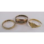3 9ct gold rings - heart signet ring size k - band ring size H - wide front ring size O - total