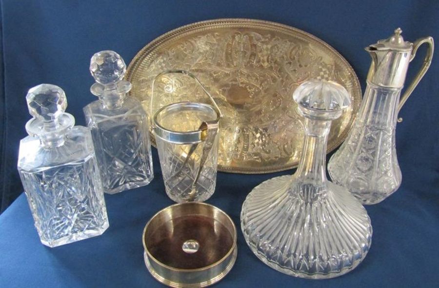Viners silver plate tray with cased pattern also ship's decanter, 2 square decanters, Claret jug,