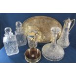 Viners silver plate tray with cased pattern also ship's decanter, 2 square decanters, Claret jug,