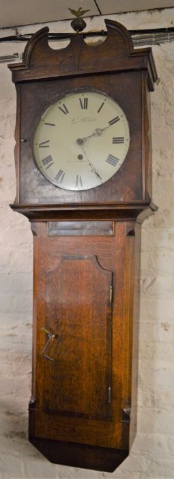 Georgian tavern clock by Louis Bellatti of Grantham in an oak & mixed wood case Ht 147cm W 46cm dial