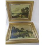 Pair of framed oil paintings one depicting woman by the river and the other a young girl and boy