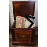 Victorian style storage box & 2 small Chinese wool rugs