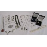 Collection of sterling hallmarked silver jewellery includes 925 rings and amethyst silver necklace