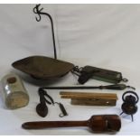 19th century yew wood mill bill, stoneware hot water bottle, Salter trade spring balance with pan,