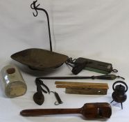 19th century yew wood mill bill, stoneware hot water bottle, Salter trade spring balance with pan,