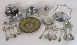 Collection of silver plate includes a boat shaped condiment set