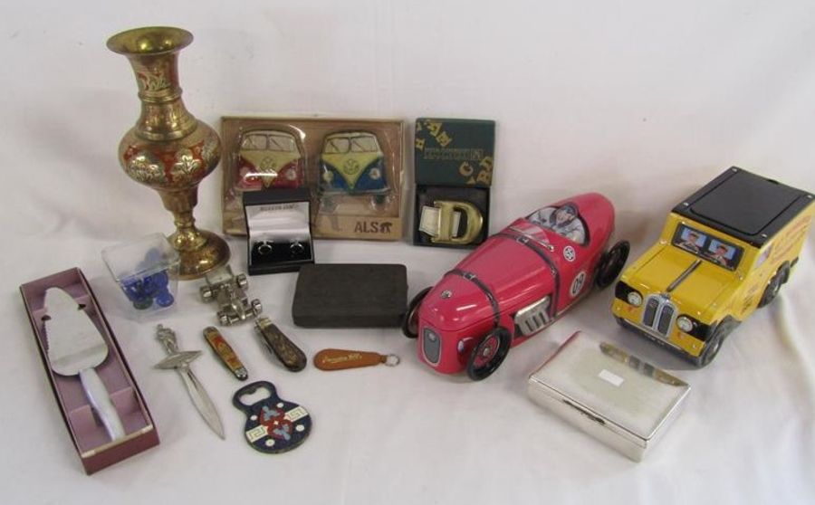 Mixed collection of items to include brass, car tins, cufflinks and Aristocrat silver-plate