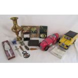 Mixed collection of items to include brass, car tins, cufflinks and Aristocrat silver-plate