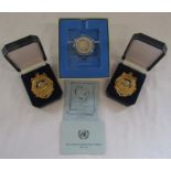 Franklin Mint 1973 United Nations Peace Medal sterling silver proof and 2 gold plated medals