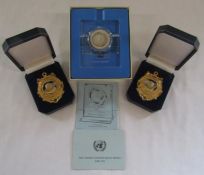 Franklin Mint 1973 United Nations Peace Medal sterling silver proof and 2 gold plated medals