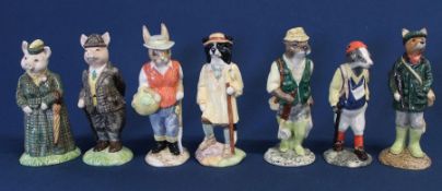 Set of 7 Beswick English Country Folk figurines: Huntsman Fox, Hiker Badger, Fisherman Otter,