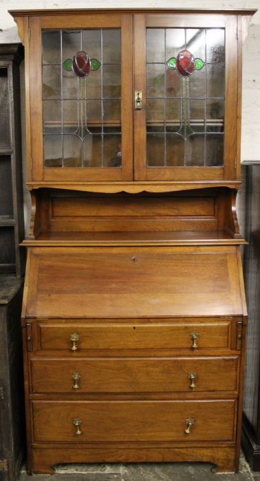 Edwardian mahogany bureau bookcase with lead glazed doors 101.5cm h x 41cm d x 205cm h