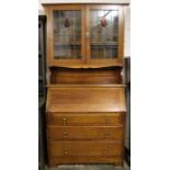 Edwardian mahogany bureau bookcase with lead glazed doors 101.5cm h x 41cm d x 205cm h