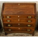 George III mahogany bureau on bracket feet with brass plate handles L 105cm Ht 112cm D 52cm