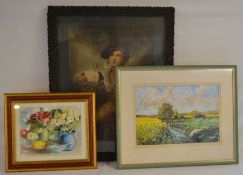 Landscape watercolour & a still life & an Edwardian print of a boy with a rabbit