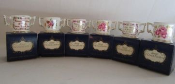 6 Royal Crown Derby miniature commemorative ware twin handled loving cups