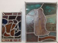 2 coloured leaded glass panels: galleon 20cm x 30cm & St Amelberga Patrones van Temse 31cm x 40cm