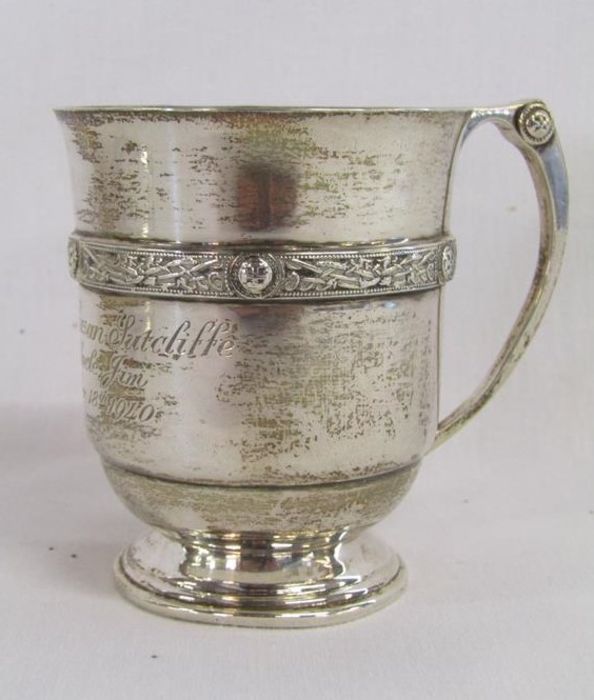 Barker Brothers Ltd silver christening tankard Birmingham 1939, with engraving 'Elizabeth Susan