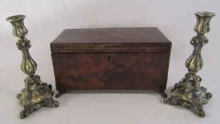 Wooden tea caddy and a pair of Art Nouveau silver plate candlesticks