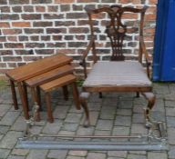 Chippendale style carver dining chair, set of 3 oak stools & a brass fender